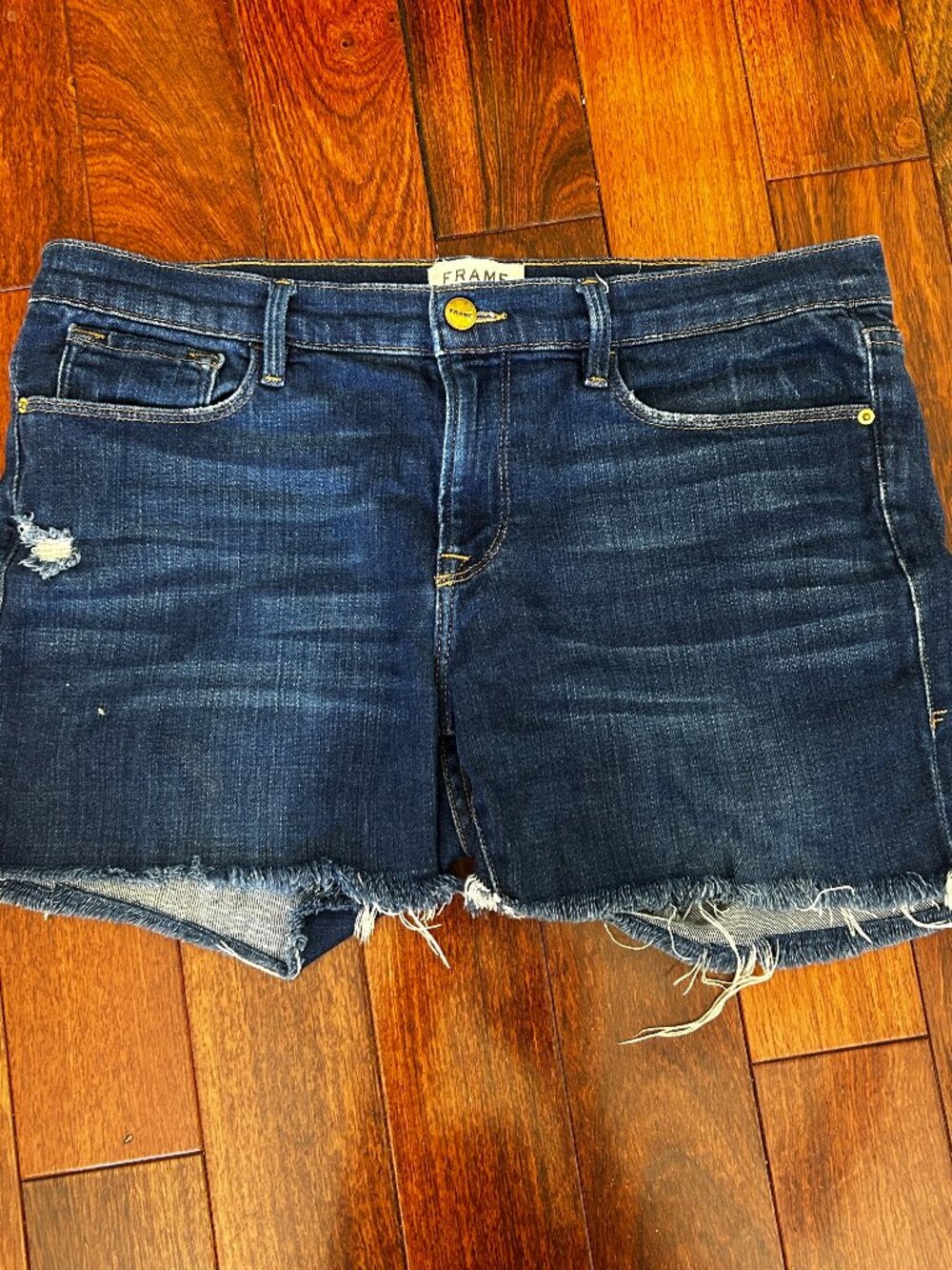 FRAME Le Garcon Jean Shorts Size 30 Manchester Distressed Raw Hem Stretch